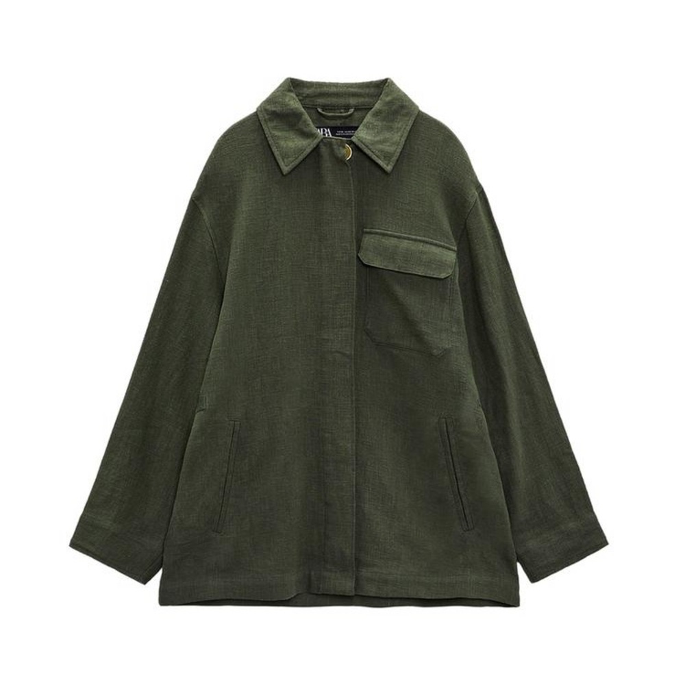 Nwt Zara Green Ramie Blend Textured Buttoned Overshirt With Front Pocket Size S